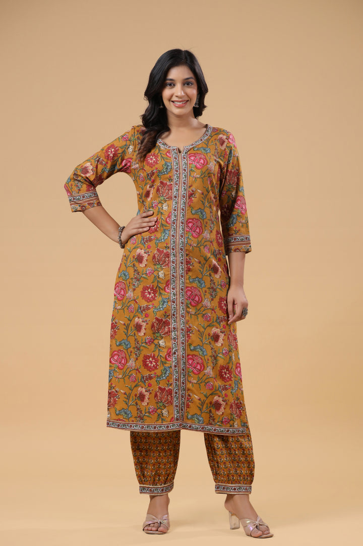 Mustard Cotton Floral Printed Front Slit Kurta Pant Set