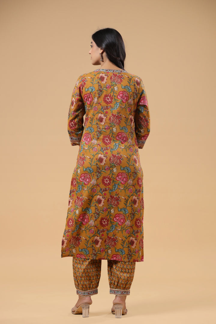 Mustard Cotton Floral Printed Front Slit Kurta Pant Set