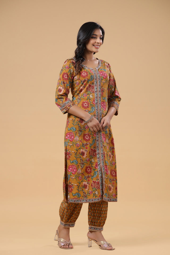 Mustard Cotton Floral Printed Front Slit Kurta Pant Set