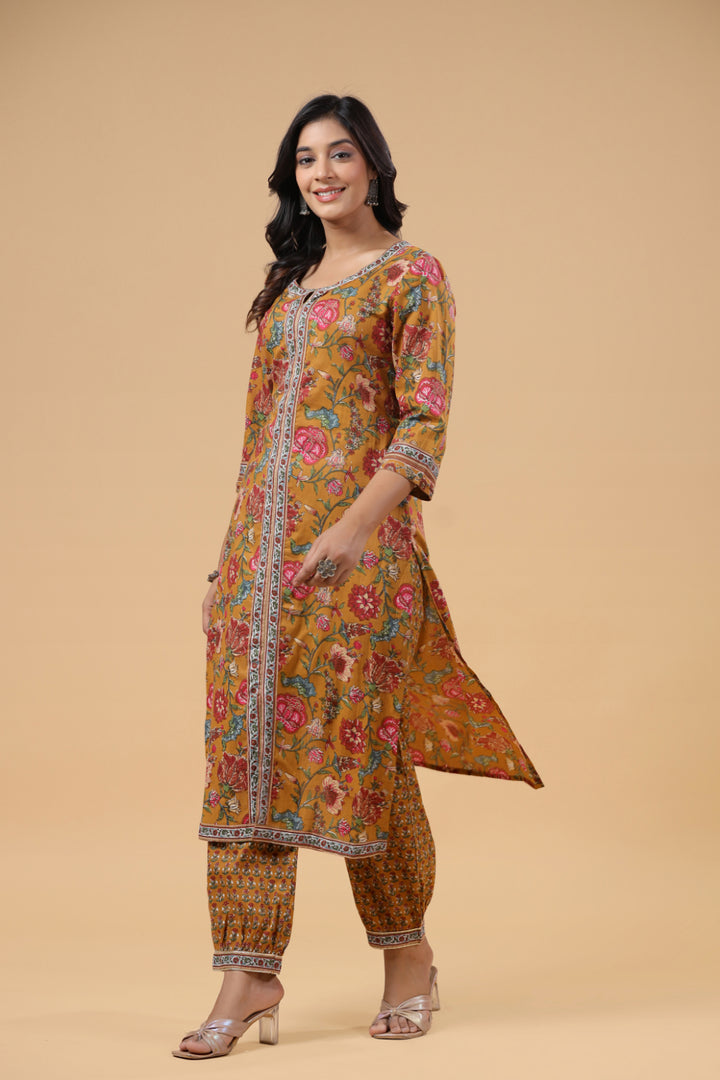 Mustard Cotton Floral Printed Front Slit Kurta Pant Set