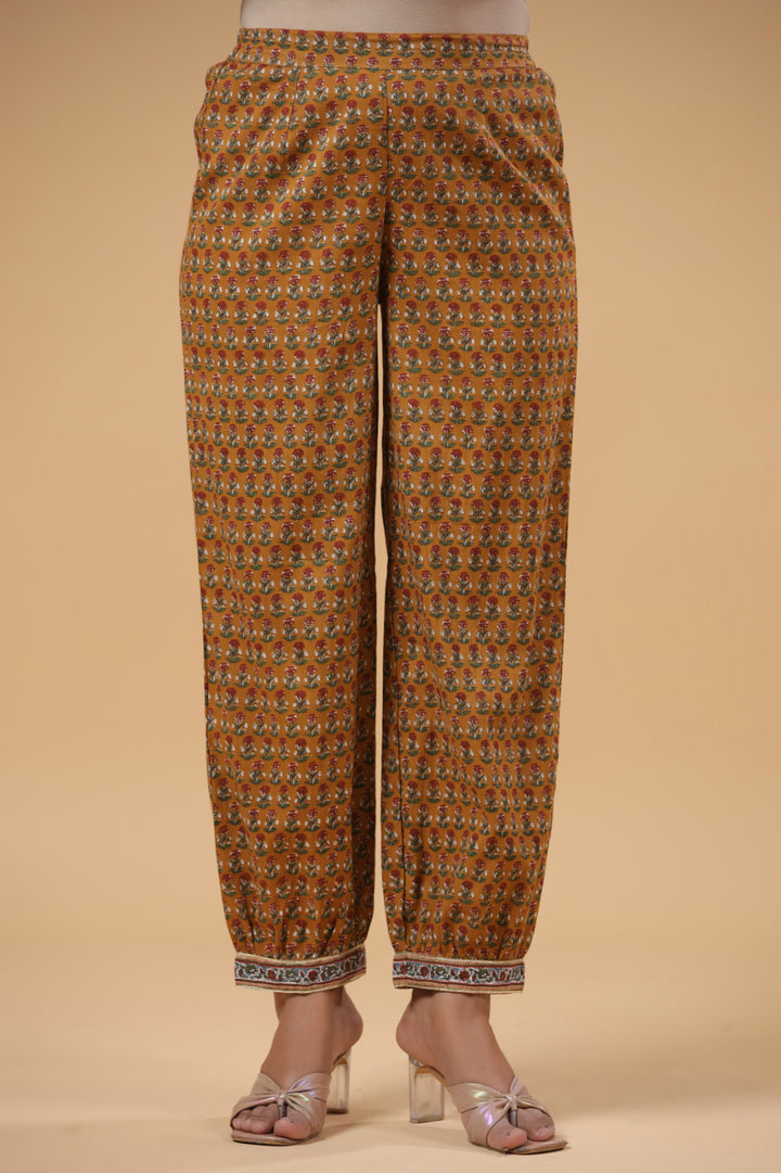 Mustard Cotton Floral Printed Front Slit Kurta Pant Set
