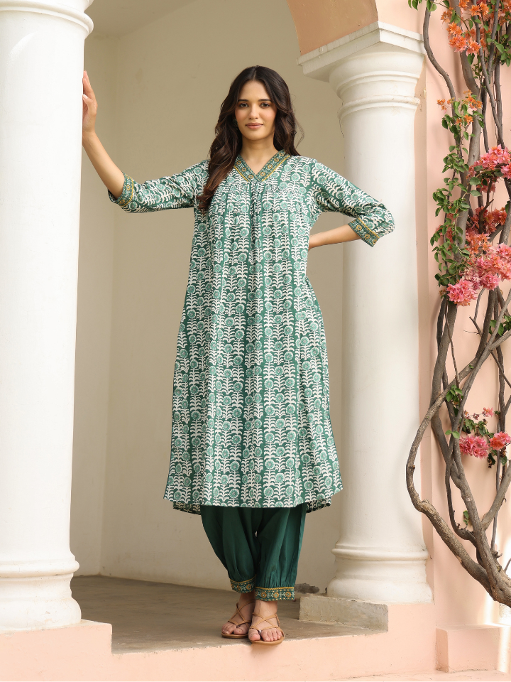 Teal Green Cotton Printed Designer Gathered Kurta Pant Set