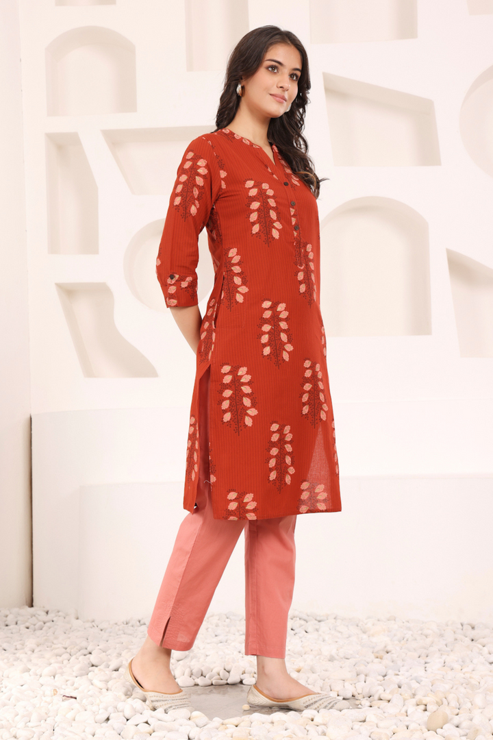 Rust Cotton Printed Mandarin Collar Kurta Pant Set