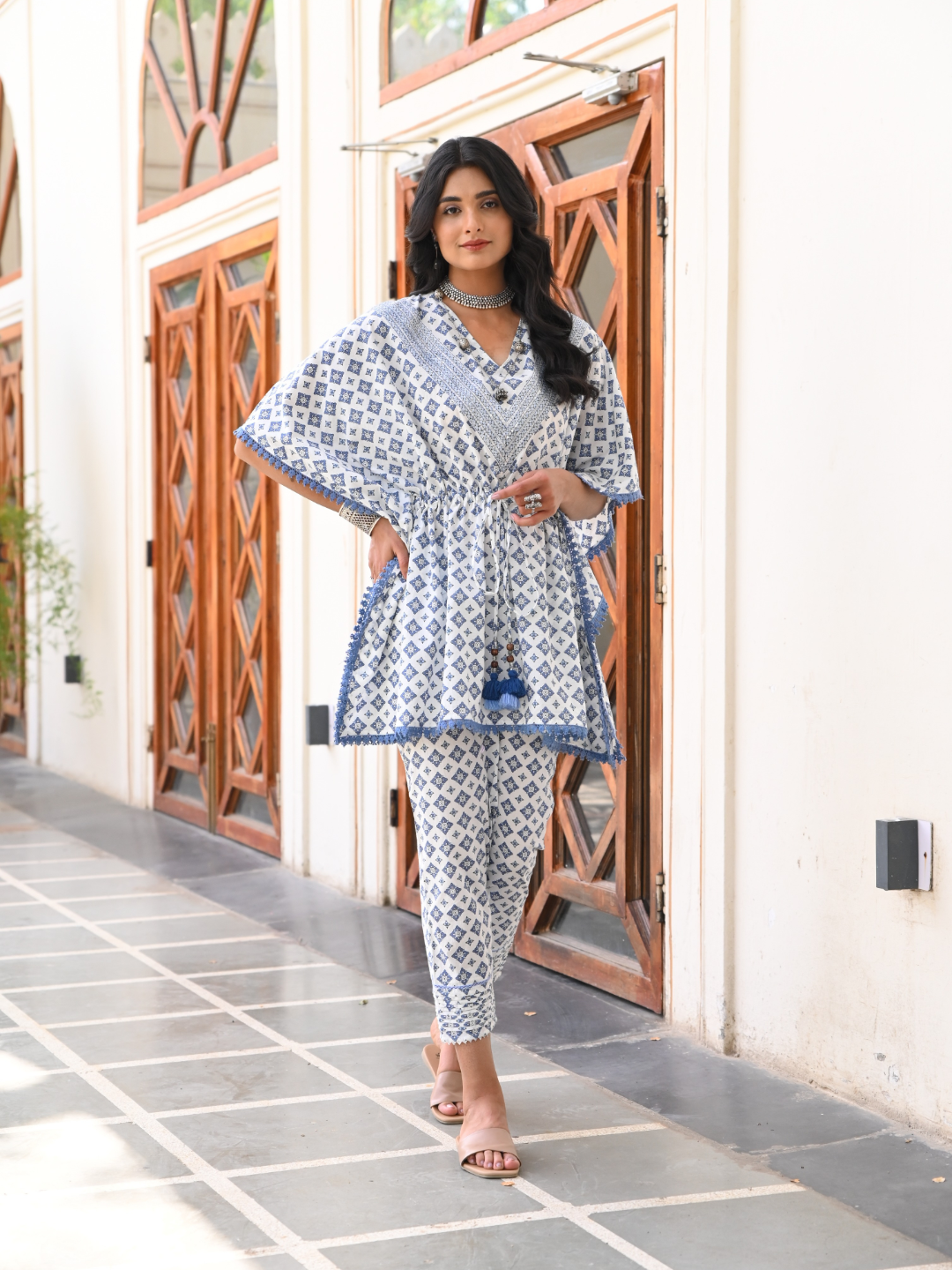 Cotton White and Blue Printed Kaftan Co-Ord Set