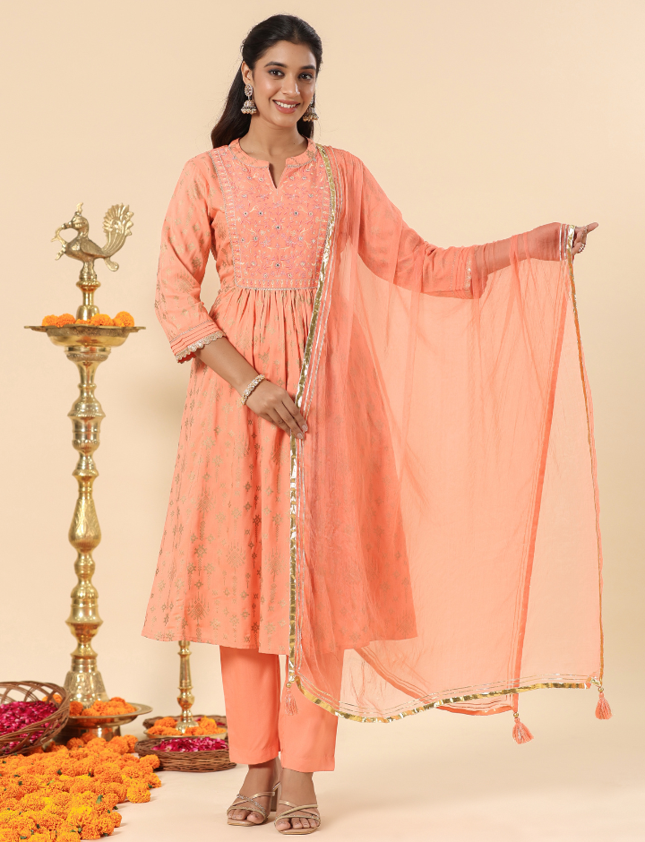 Peach Designer Festive Gathered Kurta Pant Set With Dupatta