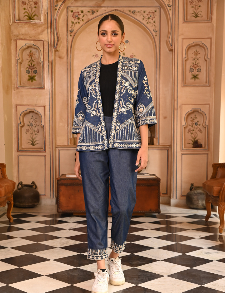 Dark Blue Heavy Embroidered Denim Jacket or Shrug