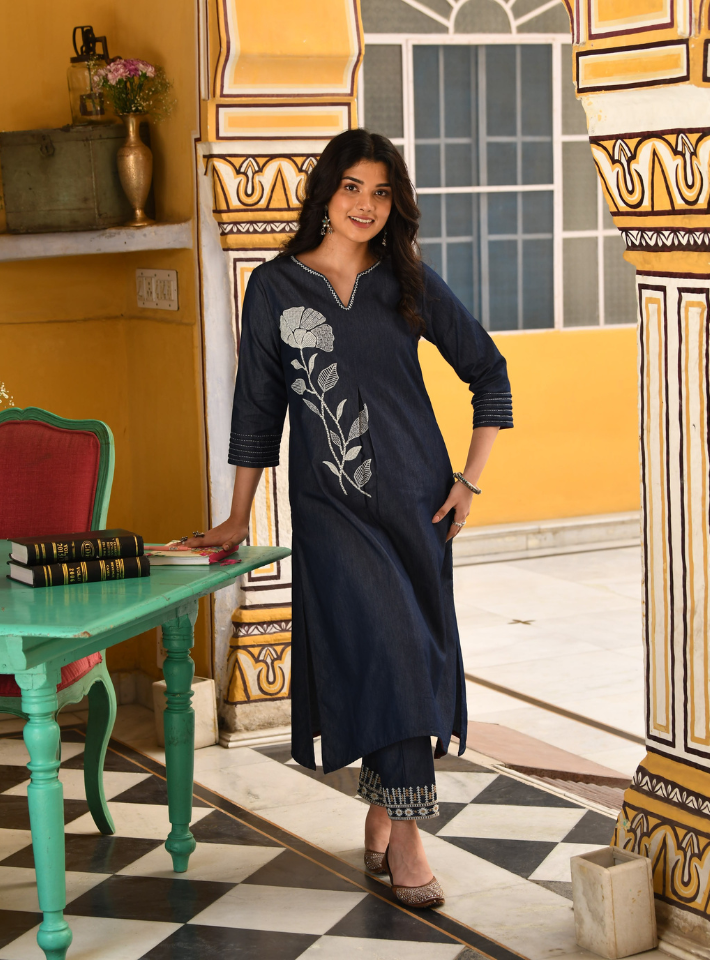 Dark Blue A-Line Denim Kurta