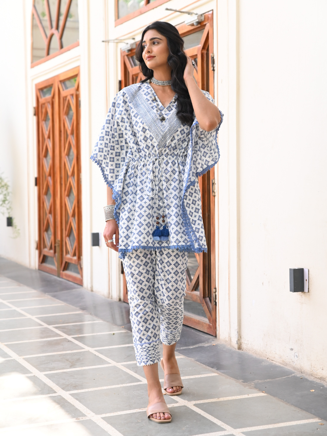 Cotton White and Blue Printed Kaftan Co-Ord Set