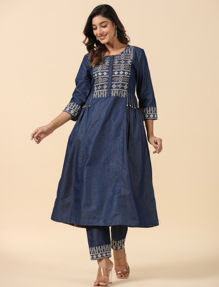 Dark Blue A-Line Designer Kurta