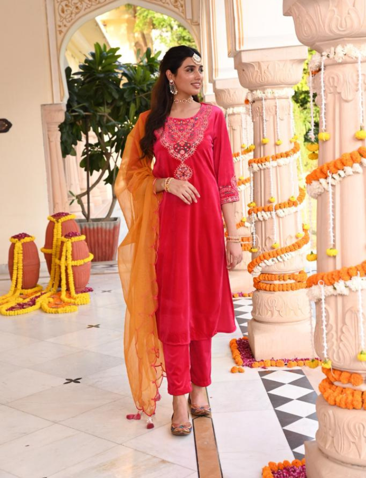 Pink Embroidered Velvet Designer Straight Kurta Pant Set With Dupatta