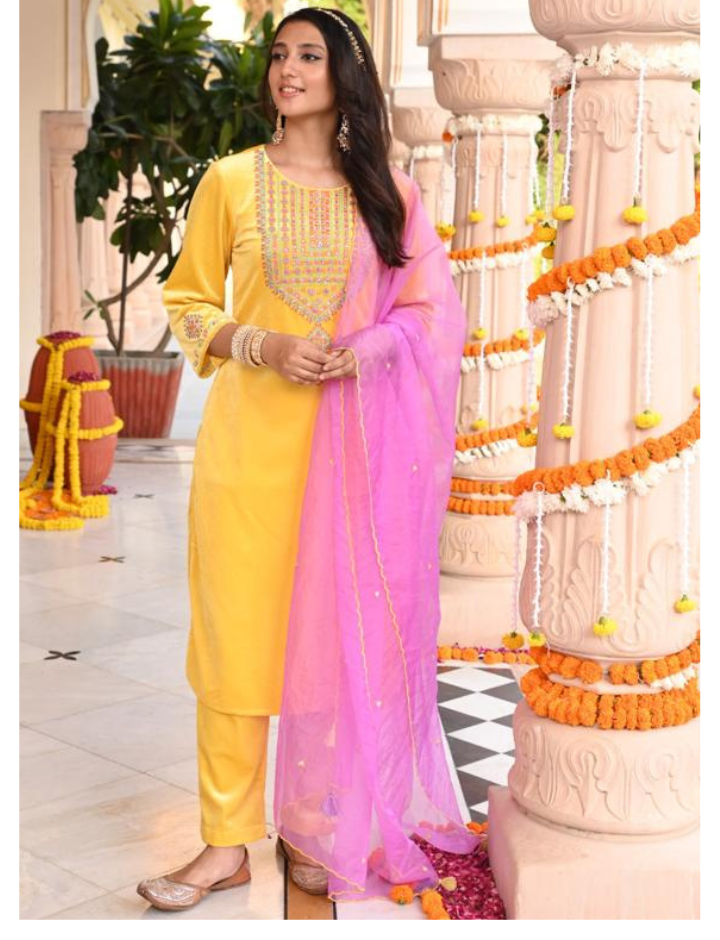 Yellow Embroidered Designer Festive Straight Kurta Pant Set With Dupatta