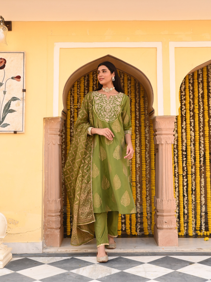 Olive Green Chanderi Gold Print A-Line Kurta Set with Dupatta