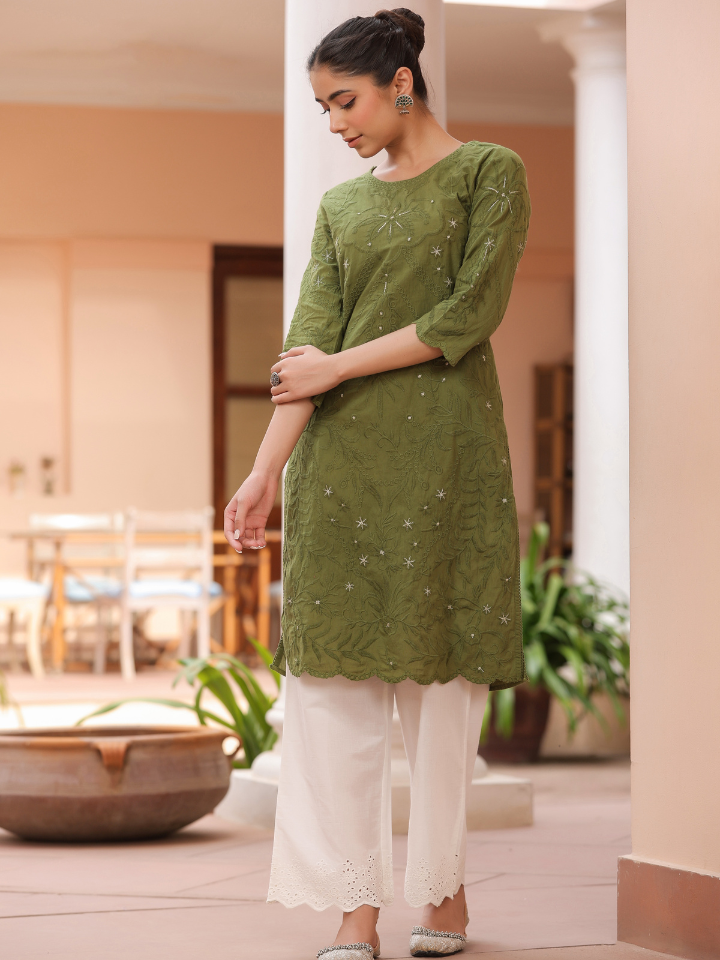 Green Pure Cotton Embroidered Print Embroidery Work Straight Designer Kurta