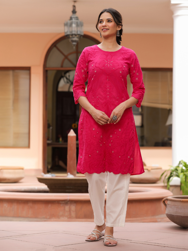Pink Pure Cotton Embroidered Print Embroidery Work Straight - Main Image