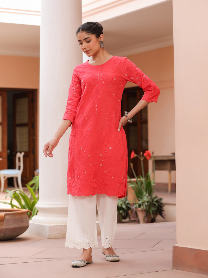 Red Pure Cotton Embroidered Print Embroidery Work Straight Designer Kurta