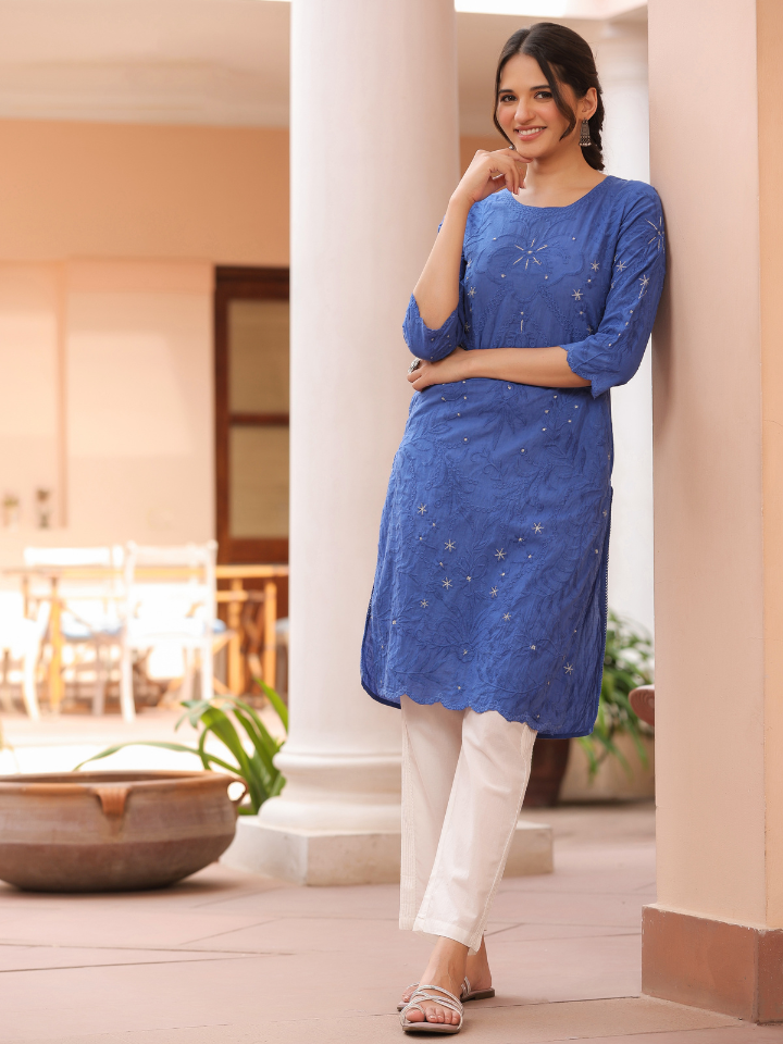 Blue Pure Cotton Embroidered Print Embroidery Work Straight Designer Kurta