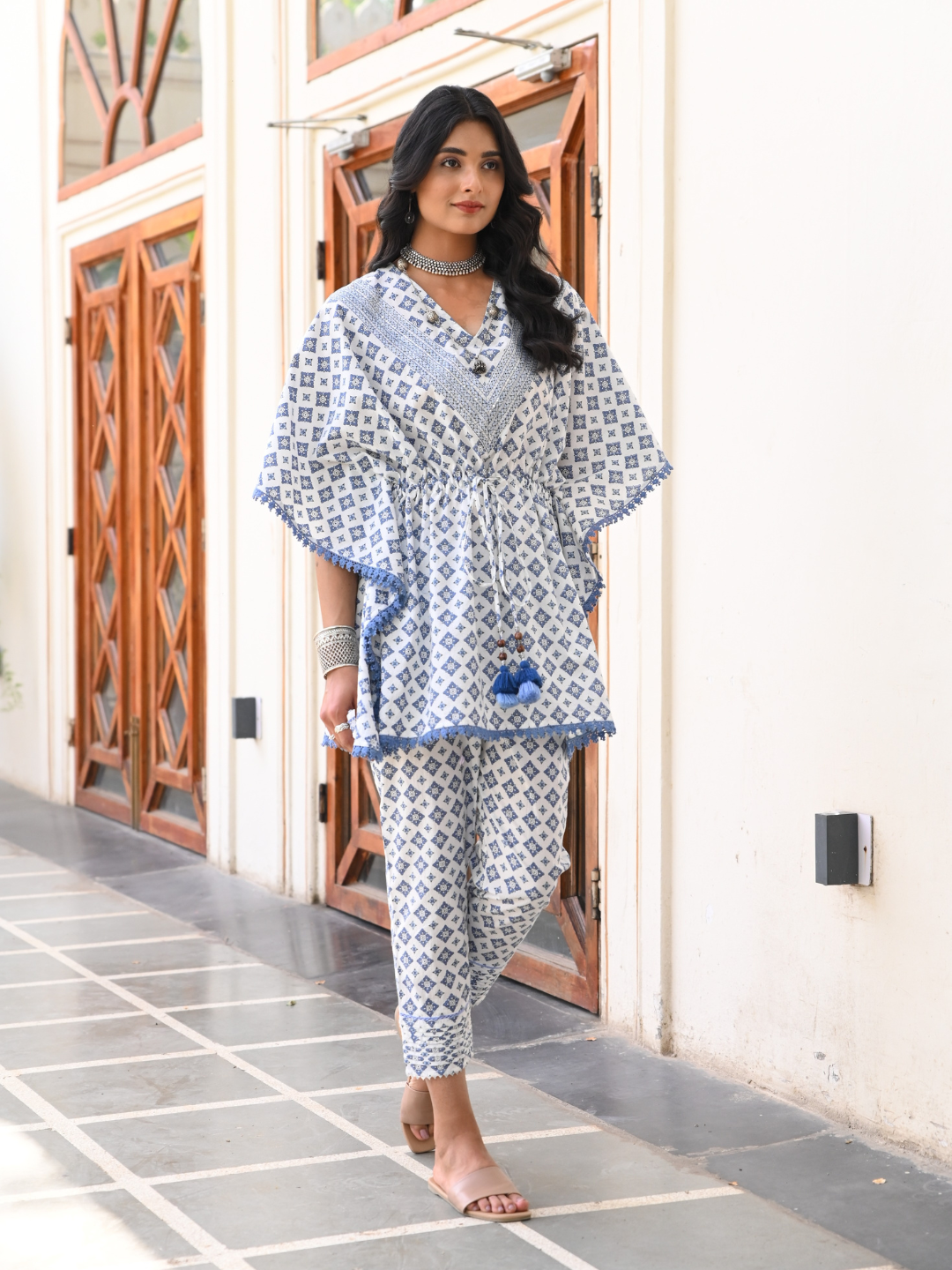 Cotton White and Blue Printed Kaftan Co-Ord Set