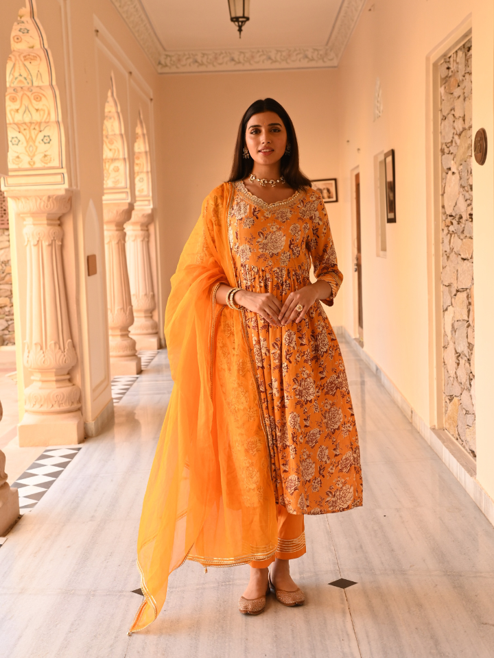 Yellow Embroidered Gathered Kurta Pant Set With Dupatta