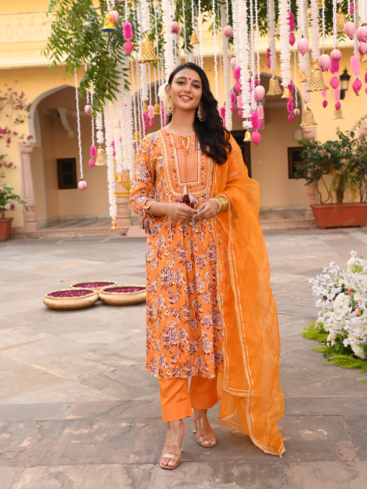 Yellow Embroidered Festive A-Line Kurta Pant Set With Dupatta