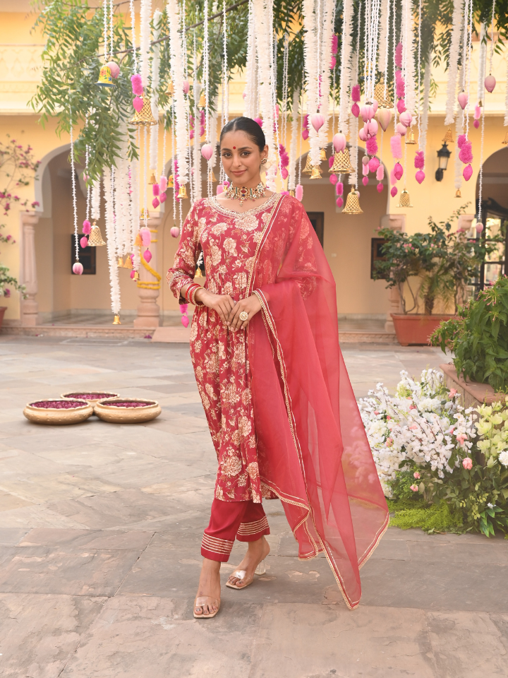Red Embroidered Gathered Kurta Pant Set With Dupatta