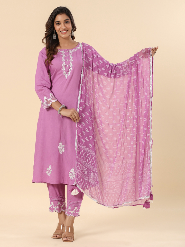 Lavender Heavy Embroidered Designer A-Line Kurta Pant Set With Dupatta