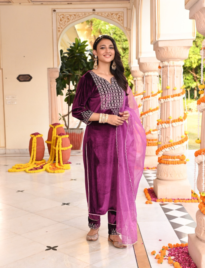 Purple Zari Embroidered Velvet Designer Straight Kurta Pant Set With Dupatta