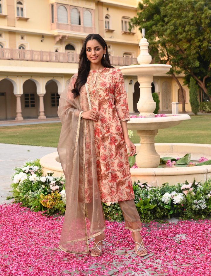 Beige A-Line Printed Chanderi Festive Suit Set with Dupatta