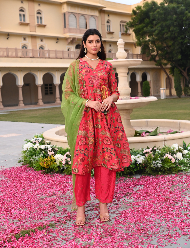 Chanderi Red Embroidered A-Line Festive Suit Set With Dupatta