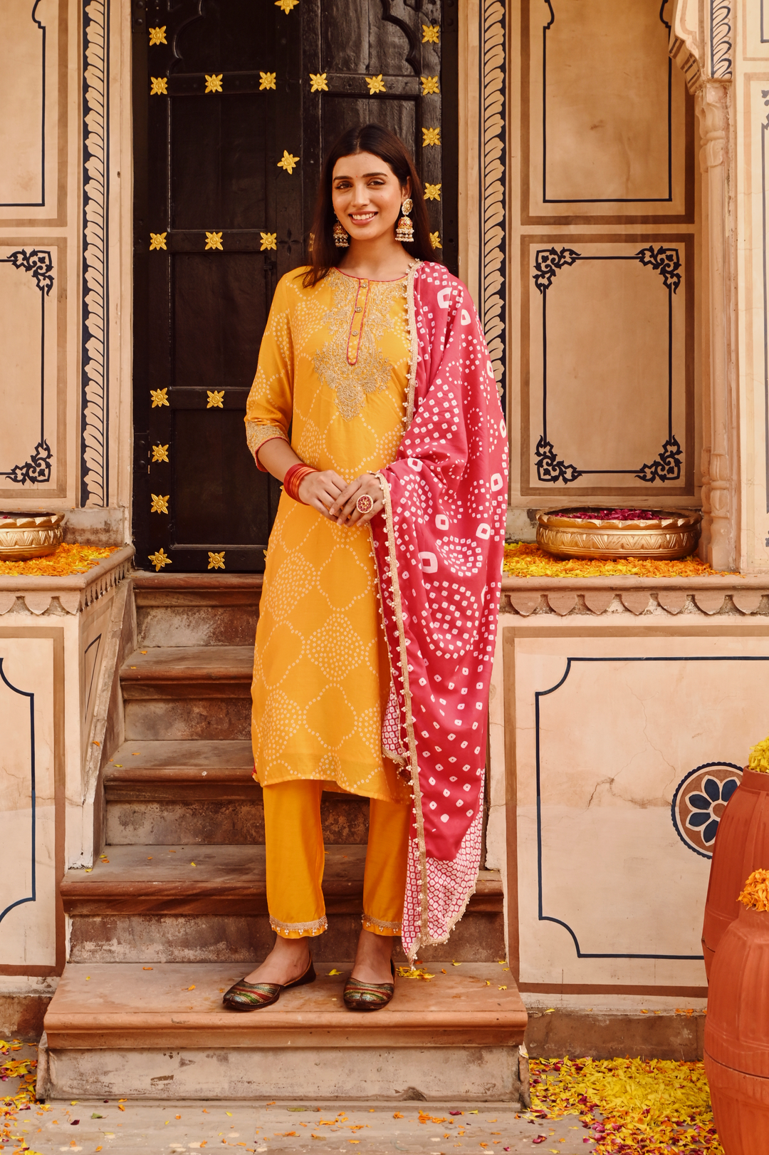 Yellow Chanderi Embroidered Kurta Set With Dupatta