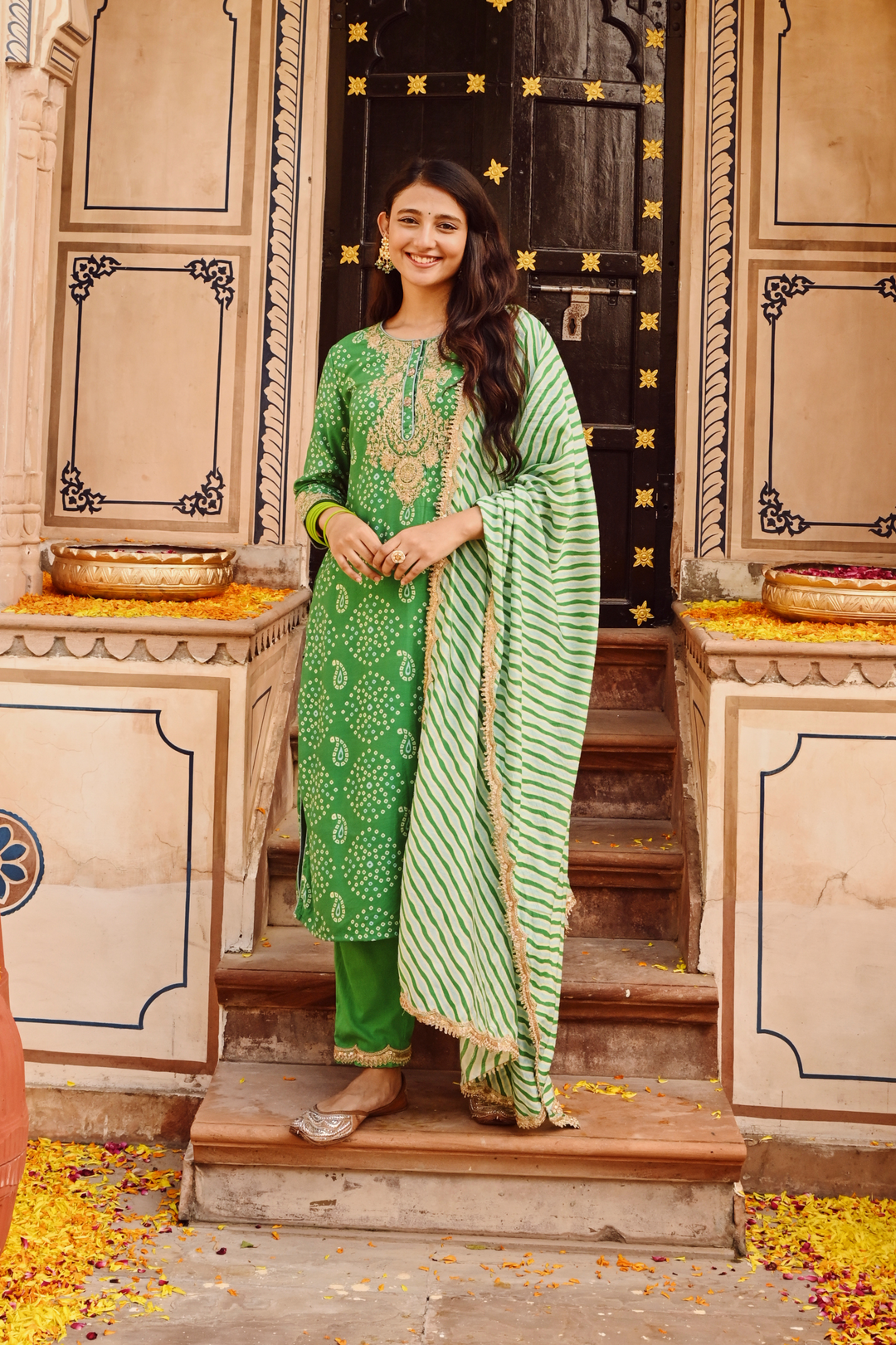 Green Chanderi Embroidered Kurta Pant Set With Dupatta