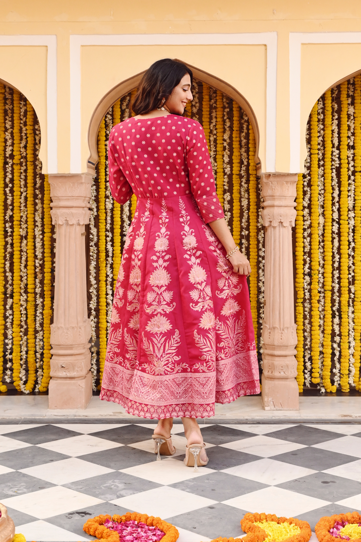 Pink Printed Flared Designer Anarkali Festive Dress