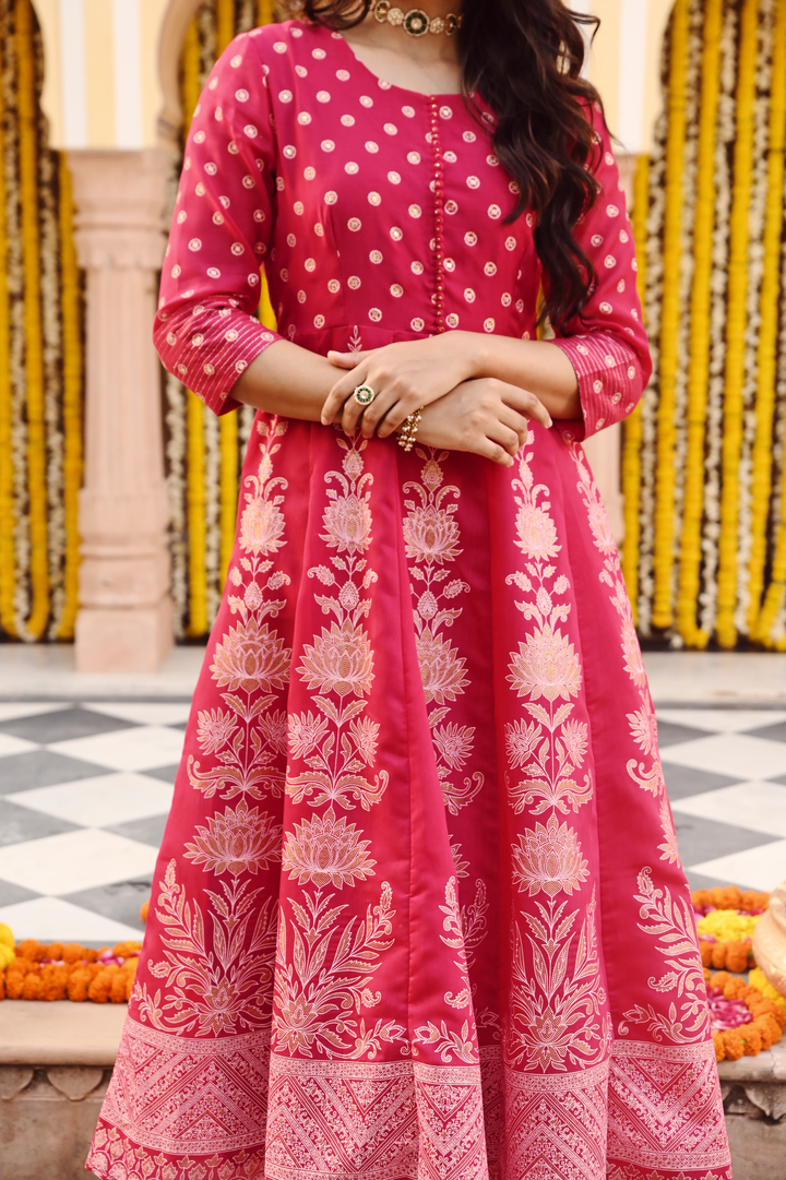 Pink Printed Flared Designer Anarkali Festive Dress