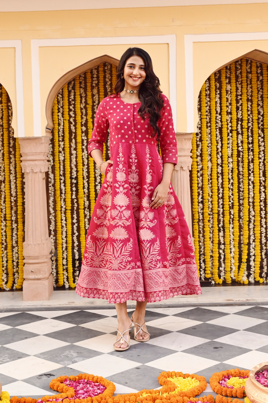 Pink Printed Flared Designer Anarkali Festive Dress