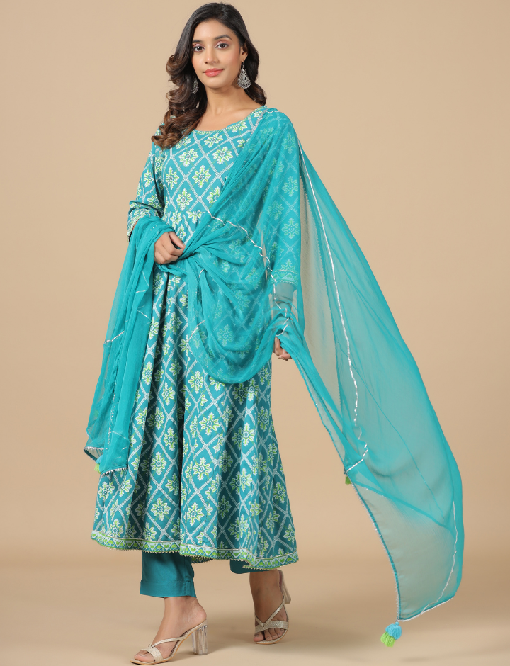 Green Printed Cotton Anarkali Suit Sets With Dupatta