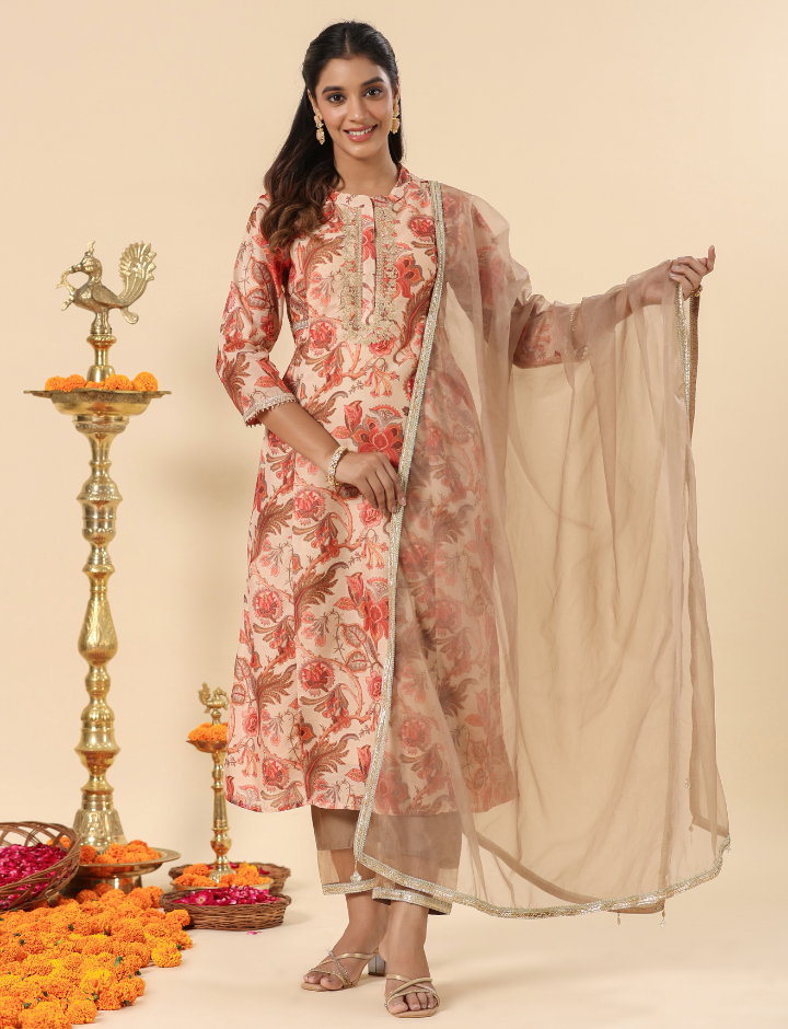 Beige A-Line Printed Chanderi Festive Suit Set with Dupatta
