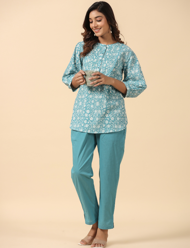 Blue Cotton Printed Detailed Co-Ord Set