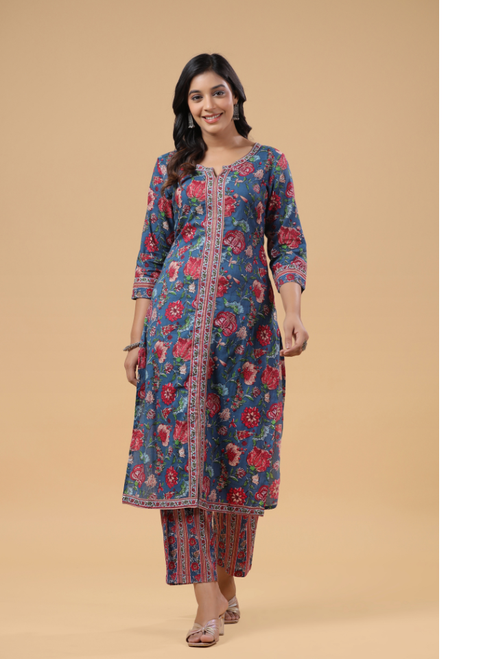 Blue Cotton Floral Printed Front Slit Kurta Pant Set