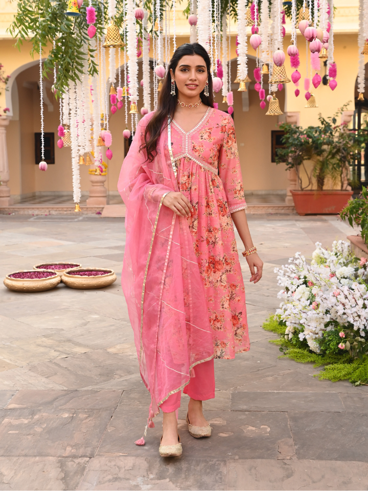 Pink Chanderi Gathered Kurta Pant Set With Dupatta
