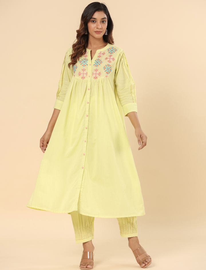 Lemon Yellow Cotton Embroidered A-Line Kurta Pants Set