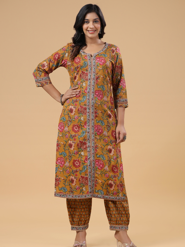 Mustard Cotton Floral Printed Front Slit Kurta Pant Set
