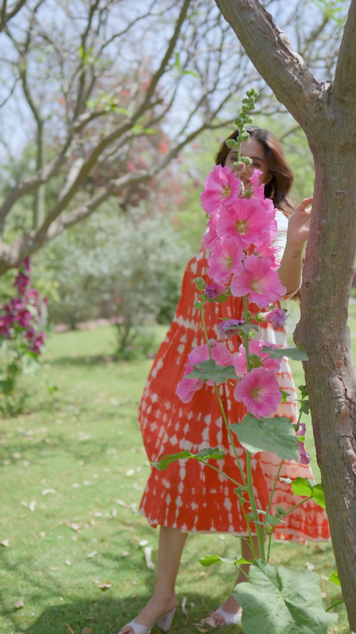 Orange Cotton Dobby Tie & Dye Tiered Designer Dress