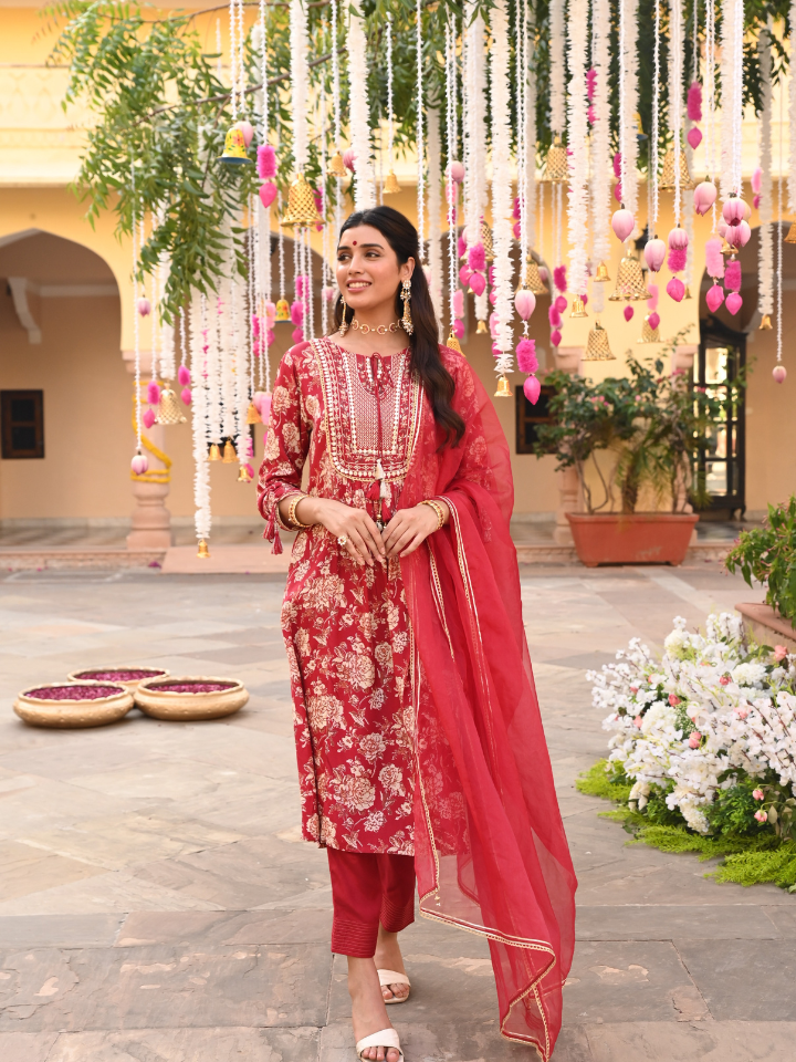 Maroon Embroidered Festive A-Line Kurta Pant Set With Dupatta