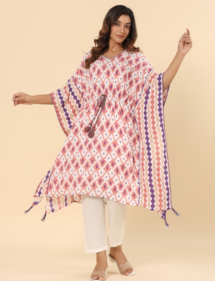 Rayon Rust and White Printed Tie Up Kaftan