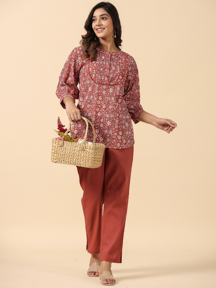 Rust Cotton Printed Detailed Co-Ord Set