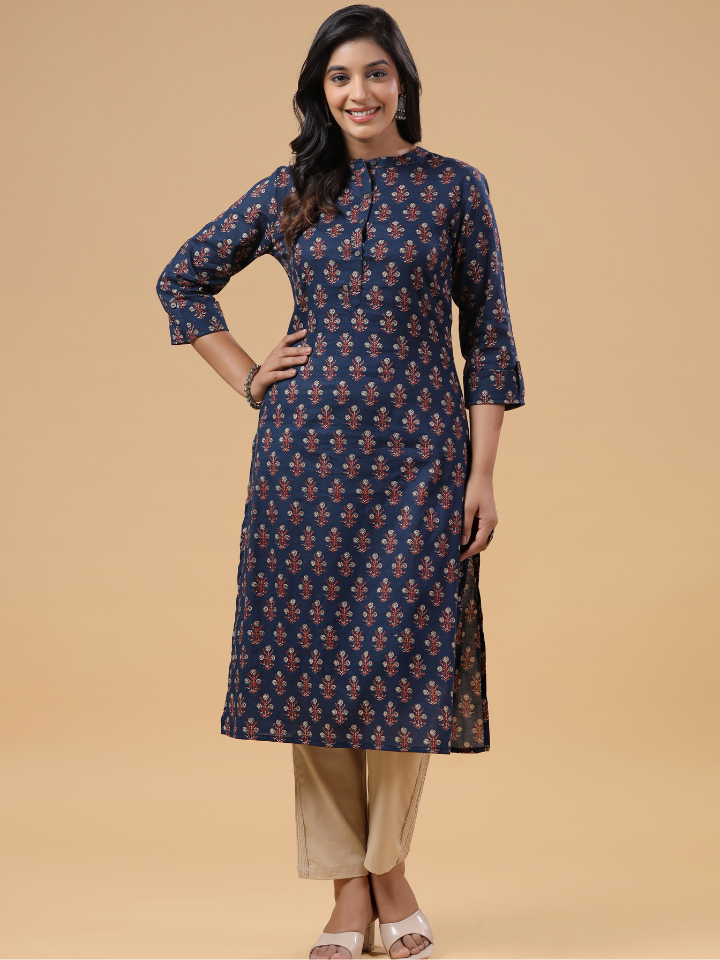 Blue Cotton Printed Mandarin Collar Kurta