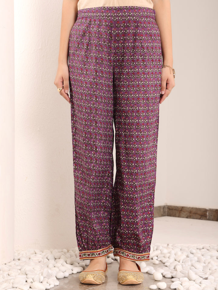 Purple Cotton Printed A Line Kurta Suit Set