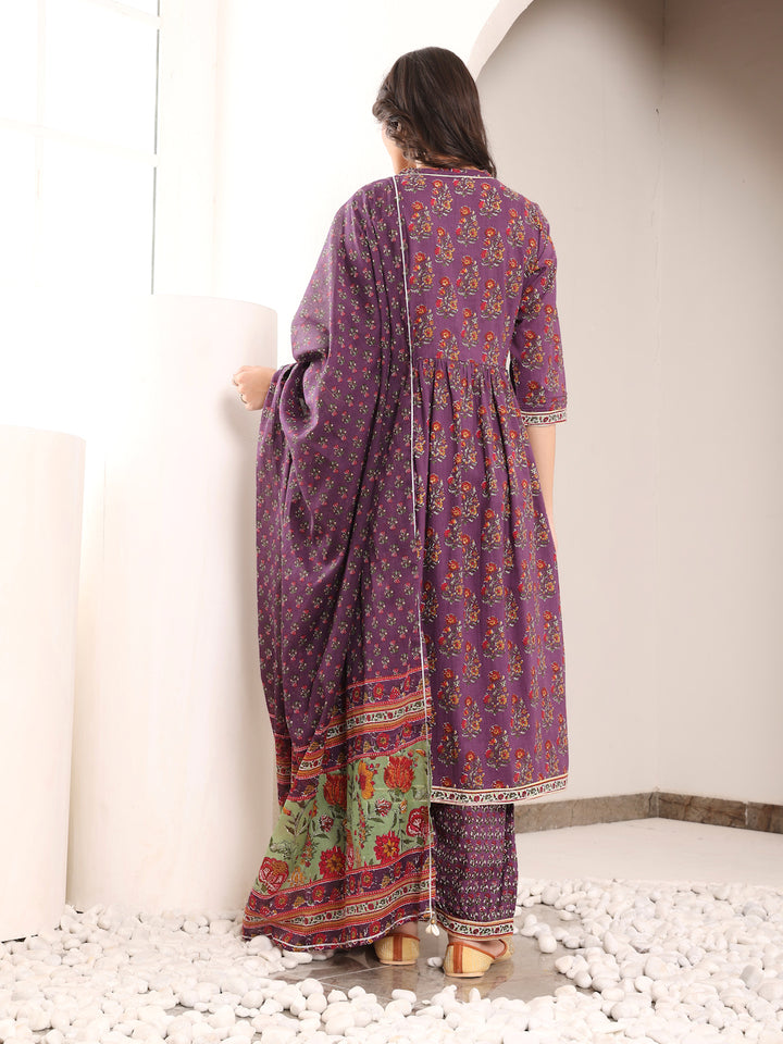 Purple Cotton Printed A Line Kurta Suit Set