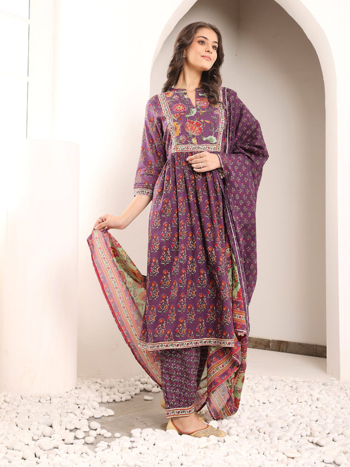 Purple Cotton Printed A Line Kurta Suit Set