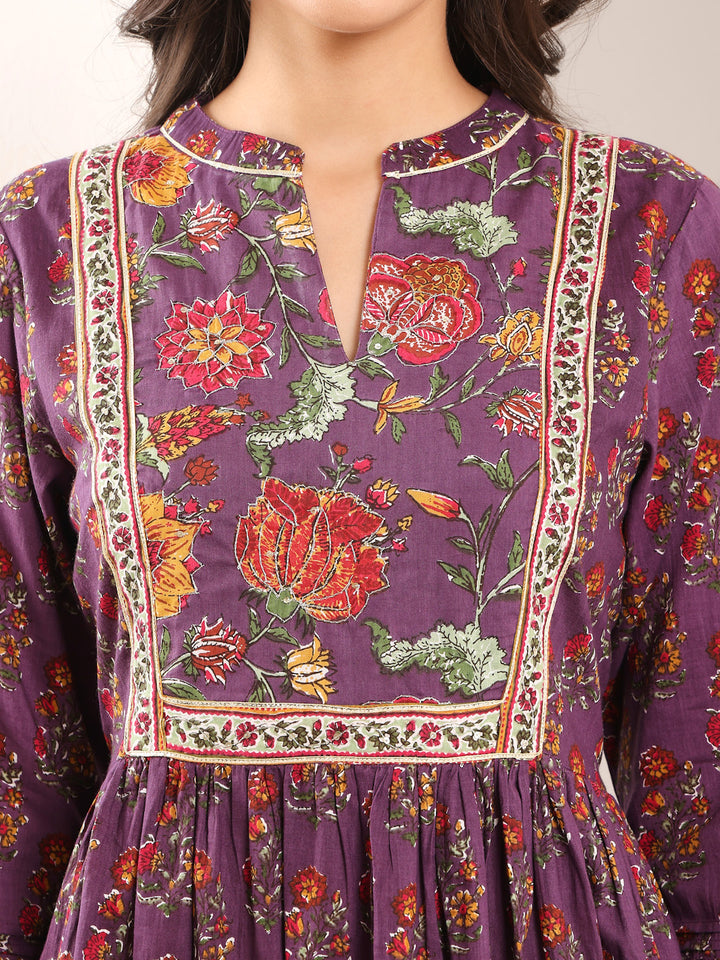 Purple Cotton Printed A Line Kurta Suit Set