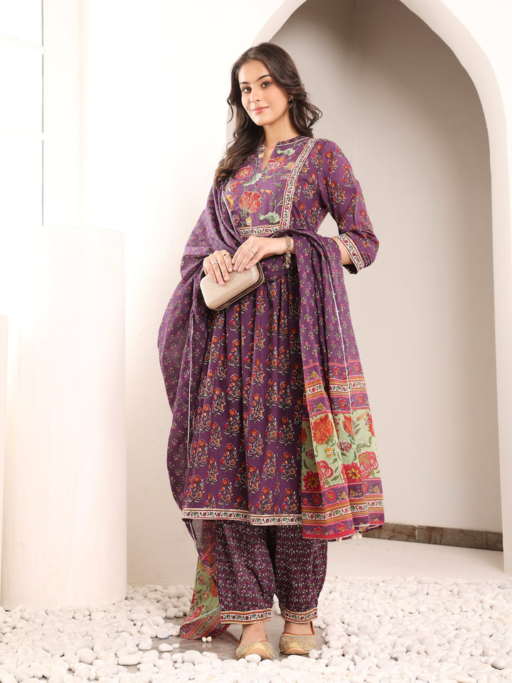 Purple Cotton Printed A Line Kurta Suit Set
